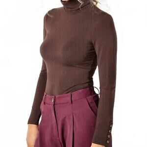 NEW APRICOT turtle neck button cuff top in brown